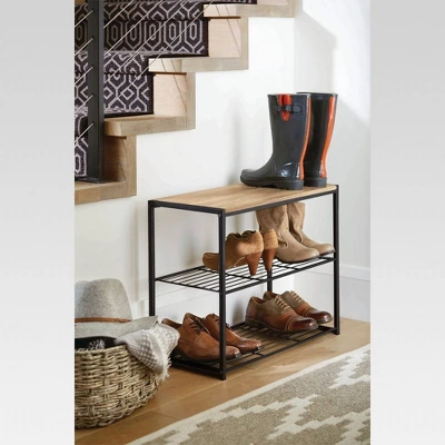 3 Tier Shoe Rack Black Metal With Natural Wood - Brightroom™ 3 3 Tier Shoe Rack Black Metal With Natural Wood - Brightroom™