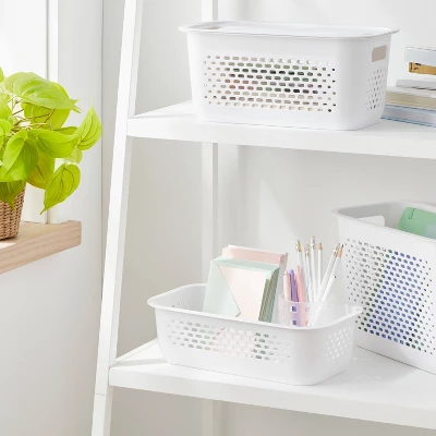 Narrow Small Decorative Plastic Bin White - Brightroom™: Modern Storage With Cut-Out Handles, 13" Cube Compatible 3 Narrow Small Decorative Plastic Bin White - Brightroom™: Modern Storage With Cut-Out Handles, 13" Cube Compatible