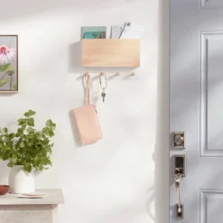 Mixed Material Mail Holder Matte White Hooks On Light Wood - Brightroomâ„¢