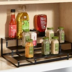 3-Tier Metal Expandable Spice Rack With Powder Coated Finish Black - Brightroom™: Kitchen Organizer, Iron, 14" Width