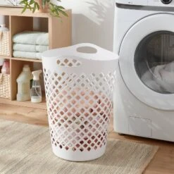 2.2bu Flexible Laundry Hamper White - Brightroom™: Tall Plastic Clothes Hamper With Built-In Handles, Diamond Pattern