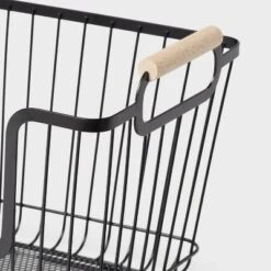 Metal Stackable Wire Pantry Basket With Rubber Wood Handle Black - Brightroom™: Kitchen Storage Organizer, 9"x13.5" -Brightroom GUEST caedbd0d 0635 4243 8fd2 add6d1f4a2d5