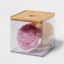 Clear Canister Large With Bamboo Lid - Brightroom™: Bathroom Container With Lid, Qtip Holder, 6"x6"x6" Plastic -Brightroom GUEST d450012a cbbd 4fbc b9ac 5c683357998f